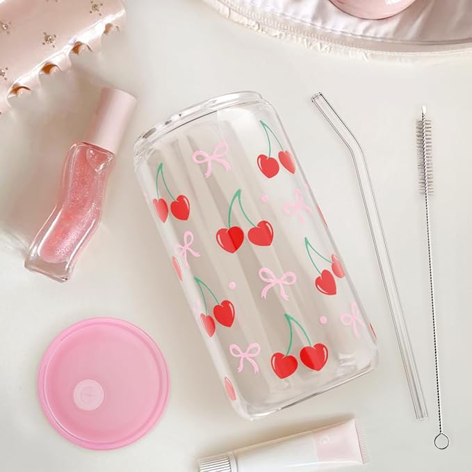 Cherry 16 Oz Can Glass Tumbler with Acrylic Lid and Straw - Iced Coffee Cups for Women, Aesthetic Glass Cup Gift for Birthday Christmas