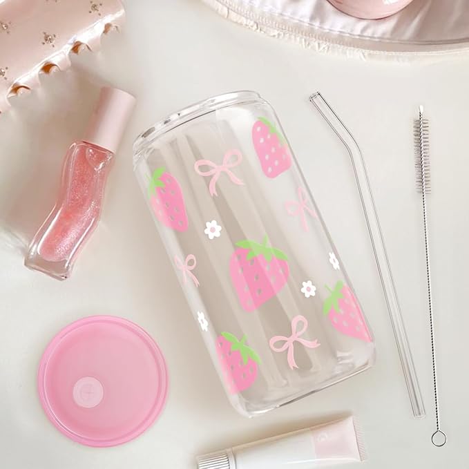 Strawberry 16 Oz Can Glass Tumbler with Acrylic Lid and Straw - Iced Coffee Cups for Women, Aesthetic Glass Cup Gift for Birthday Christmas