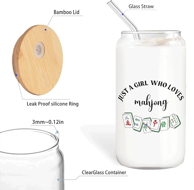 Mah Jong Lover Gifts Glass Cup with Lids and Straws 14oz, Gifts for Women Mahjong Players, Mahjong Accessories Glass Iced Coffee Tumbler Drinking Jars with Cleaning Brush
