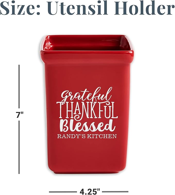 Let's Make Memories Personalized Grateful, Thankful, Blessed Stoneware - Navy Utensil Holder