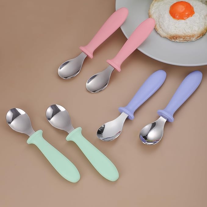 Pimoys 6-Pack Stainless Steel Toddler Spoons Baby & Kids Utensils for Self-Feeding Plastic Handle Dishwasher Safe