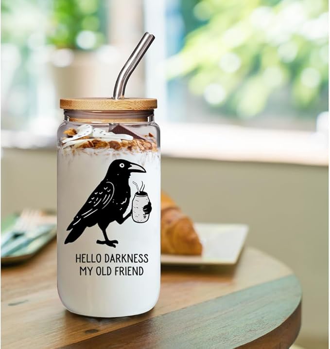 Funny Cawfee 16oz Glass Cup with Lid and Straw Gifts for Bird Lovers - Hello Darkness My Old Friend, Spooky Halloween Vintage Crow Coffee Cup Perfect for Crow and Coffee Lovers