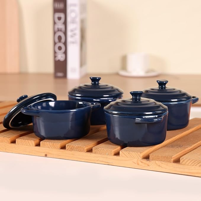 Ceramic Casserole Dish With Lid,Ceramic Mini Cocotte Set,Soup Bowls With Handles And Lids,Mini Dutch Oven Pot With Lid, Oven Safe,Set Of 4 Dutch Oven For Bread Baking