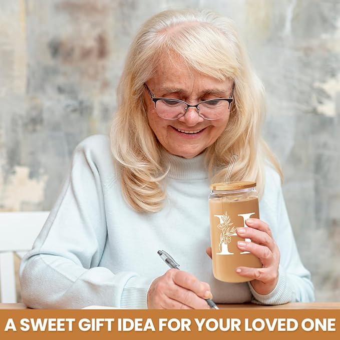 SANDJEST Monogrammed Gifts for Women - Monogram H Initial Glass Cup 16 Oz Can Coffee Cups with Lid and Straw - Monogram Initials Gifts for Womens on Birthday