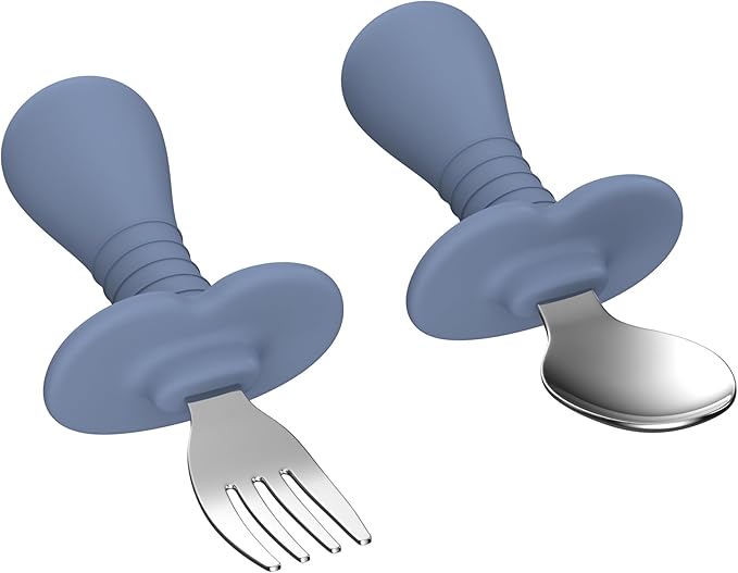2 Pieces Toddler Utensils Forks and spoons set, Stainless Steel Childrens Silverware for Safe flatware Metal Kids Cutlery set with Round Handle, BPA Free, Anti-Choke Design (Dark Blue)