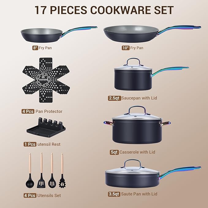 Ammeloo 17 Pcs Ceramic Cookware Set, Induction Pots and Pans Set Non Stick, Premium Colored Stay Cool Handle, Non Toxic PFOA PFOS Free, Oven Safe & Compatible with All Stovetops, Black
