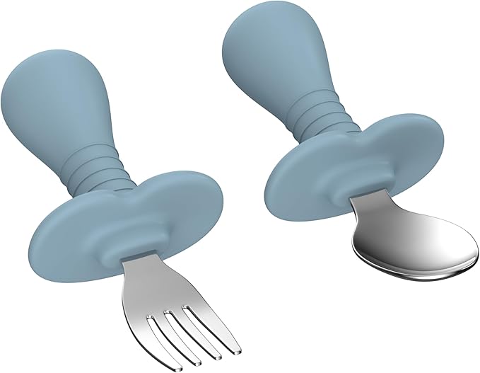 2 Pieces Toddler Utensils Forks and spoons set, Stainless Steel Childrens Silverware for Safe flatware Metal Kids Cutlery set with Round Handle, BPA Free, Anti-Choke Design (Lite Blue)