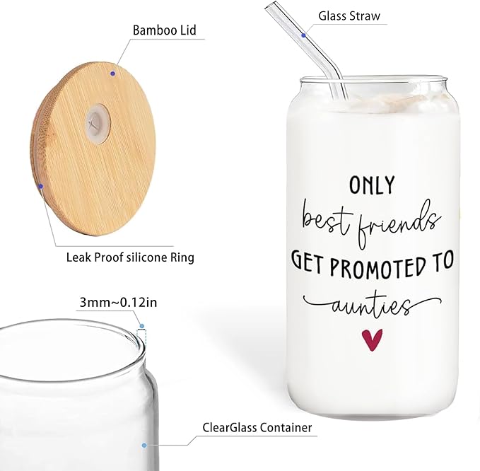 Only The Best Friends Get Promoted To Auntie Glass Cup,Pregnancy Announcement For Best Friend Coffee Can Glass With Lid And Straws 14oz,To Be Auntie Gift,Best New Aunt Gifts
