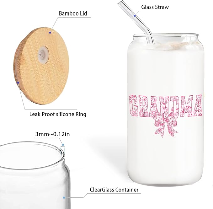 Pink Bow Grandma Glass Cup with Lids and Straws 14oz, Best Mother's Day Birthday Gifts for Grandma from Grandkids, Grandmother Gifts Glass Iced Coffee Tumbler Drinking Jars with Cleaning Brush