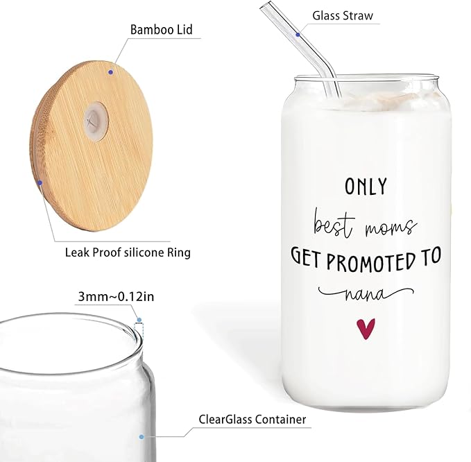 Nana Grandma Announcement Gifts Glass Cup with Lids and Straws 14oz, Pregnancy Announcement for Grandma, Get Promoted to Nana Glass Iced Coffee Tumbler Drinking Jars with Cleaning Brush