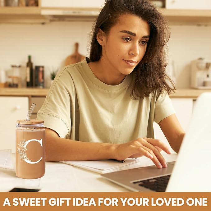 SANDJEST Monogrammed Gifts for Women - Monogram C Initial Glass Cup 16 Oz Can Coffee Cups with Lid and Straw - Monogram Initials Gifts for Womens on Birthday