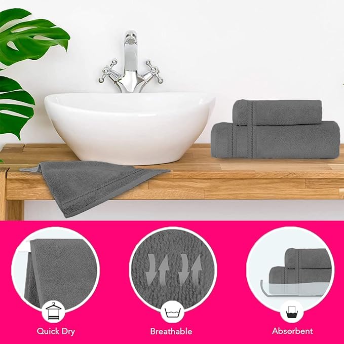 CASA COPENHAGEN Bella 6 Pieces Towel Set- Pinstripe Grey, 600 GSM 2 Bath Towel 2 Hand Towel 2 Washcloth, Designed in Denmark Made of Soft Egyptian Cotton for Bathroom, Kitchen & Shower