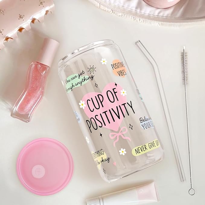 SANDJEST Inspiration Gifts - Glass Tumbler 16oz with Acrylic Lid and Straw - Iced Coffee Cups for Women, Aesthetic Glass Cup Gift for Birthday Christmas