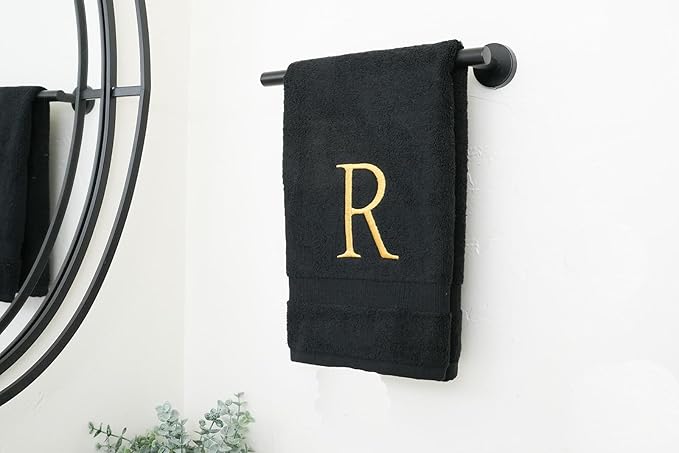 Gold and Black Monogrammed Hand Towel - Monogram Initial Hotel Quality Decorative Embroidered Luxury Towel for Powder Room, Spa - GOTS Organic Certified - Pack of 2, Letter R