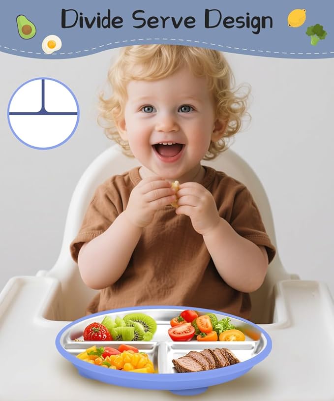 Stainless Steel Baby Plates With Suction,9” Divided Plate Silicone Sleeve For Kids ,Metal Toddler Plates BPA Free Stainless Steel Toddler Plate Unbreakable Dishwasher Safe Set Of 2 Blue and Gray