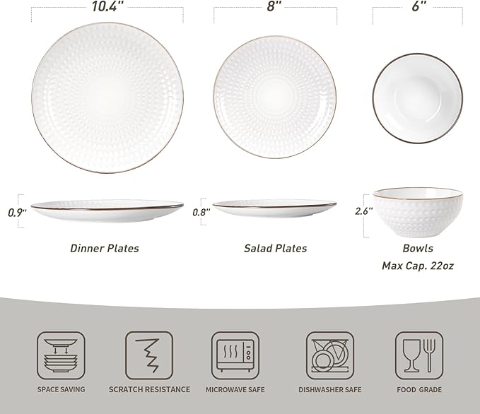 Famiware Eden Plates and Bowls Sets, Stoneware Dinnerware Sets with Gold Trim, 12 Pieces Dishes Set for 4 - Chip and Scratch Resistant, Microwave and Dishwasher Safe, White Circle