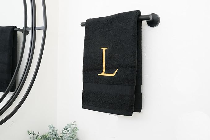 Black and Gold Bathroom Hand Towel - Monogrammed Luxury Hotel Quality Decorative Embroidered Towel for Powder Room, Spa - GOTS Organic Certified - Pack of 2, Letter L