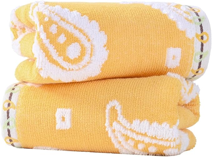 sense gnosis Yellow Paisley Pattren Jacquard Hand Towels Set of 2 Super Soft 100% Cotton Absorbent Double-Sided White Terry Bath Hand Towels for Bathroom Decorative Gym Camping, 13 x 29 inch