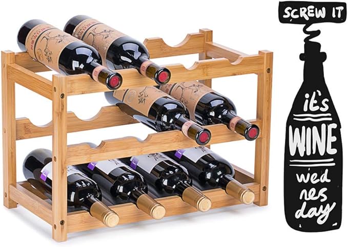 Wine Rack, Natural Bamboo Storage Rack Freestanding Countertop Stackable Display Shelf Wine Bottle Holder (3-Tiers 12-Bottles)