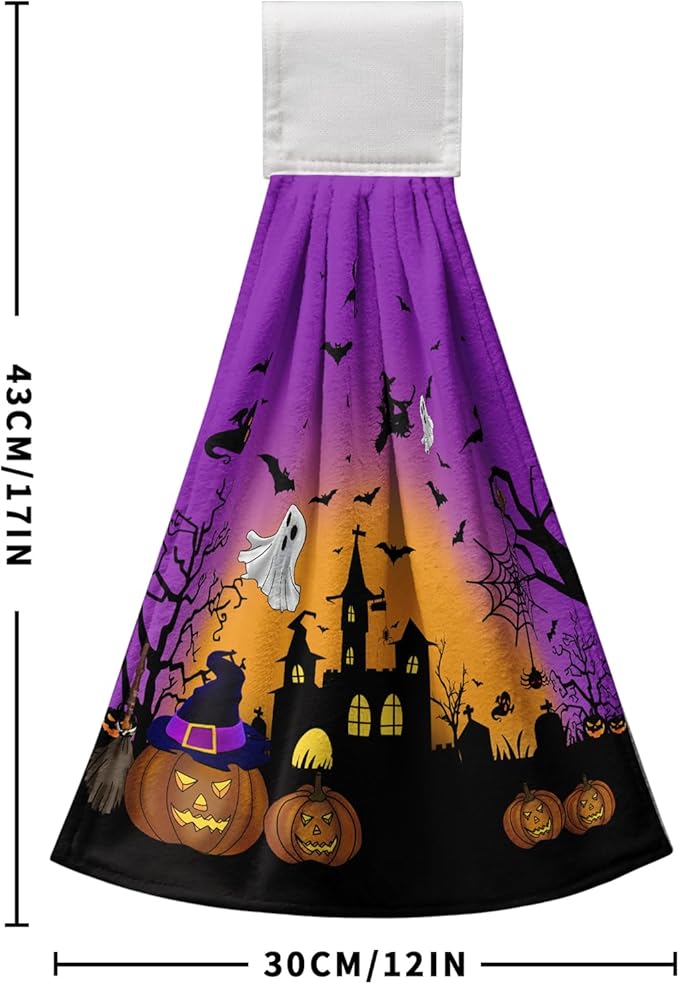 Halloween Pumpkin Hanging Kitchen Towels 2 Pcs Spooky Ghost Bat Hand Tie Towels Scary Night Dish Towel with Hanging Loop Soft Absorbent Washcloth for Bathroom Bathroom Home Decor