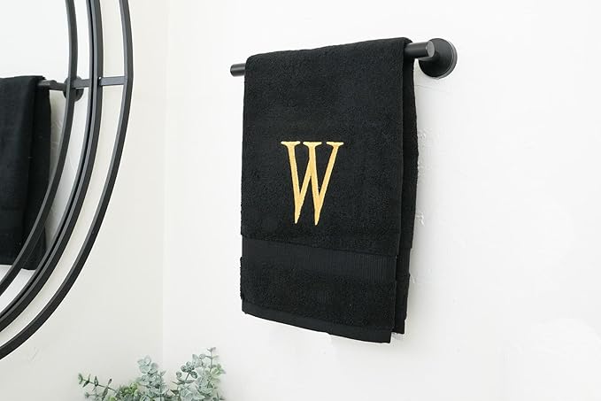 Black Luxury Hand Towel for Bathroom - Monogrammed Initial Hotel Quality Decorative Embroidered Towel for Powder Room, Spa - GOTS Organic Certified - Pack of 2, Letter W