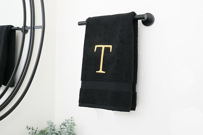 Black and Gold Bathroom Hand Towel - Monogrammed Luxury Hotel Quality Decorative Embroidered Towel for Powder Room, Spa - GOTS Organic Certified - Pack of 2, Letter T