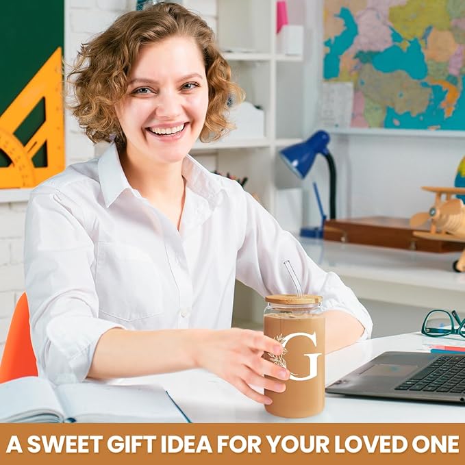 SANDJEST Monogrammed Gifts for Women - Monogram G Initial Glass Cup 16 Oz Can Coffee Cups with Lid and Straw - Monogram Initials Gifts for Womens on Birthday