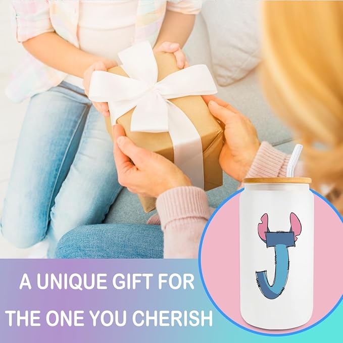 Cute Cartoon Lover Gifts Initial A-Z Personalized Iced Coffee Cup Cartoon Merch 16oz Glass Cup with Lid and Straws Birthday Christmas Gifts for Women Teen Girls Fans (Letter J)