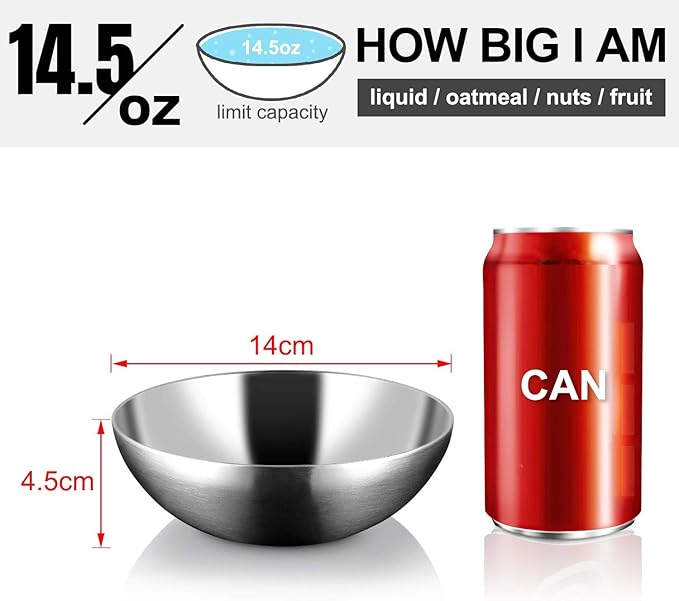 Stainless Steel Bowls for Kids, 18/8 Stainless Steel Toddler Bowl, BPA-Free, Durable & Easy Clean, 4 Pack - 14.5 oz Perfect for Baby Meals, Snacks, Serving and Travel & Home Use,Silver