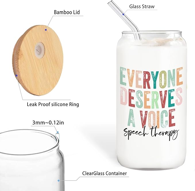 Speech Therapy Mental Health Gifts Glass Cup,Everyone Deserves A Voice Glass Cup With Lids And Straws 14oz, Slp Speech Pathologist Inspirational Counseling Gifts
