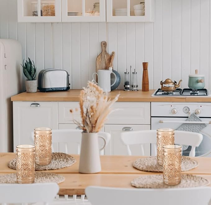 Amber Glassware set of 4 Vintage Drinking Glasses, 12oz Amber Heavy Duty Glass Cups, Old Fashioned Glass, Highball Glasses Set for Party Wedding Home Office Glassesware Gift