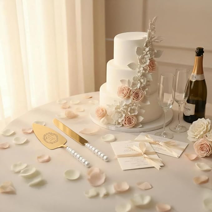4 Piece Wedding Cake Cutting Set, Knife and Server with Forks, Elegant Wedding Cake Knife and Server Set for Bride and Groom(Pearl Handle Gold)