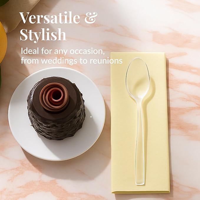 Prestee 100 Pack Clear Plastic Spoons Bulk - Heavy Duty 6" Plastic Silverware Spoons for Weddings, Parties and Catering Events - Heat-Resistant Utensils Disposable Spoons for Hot and Cold Food