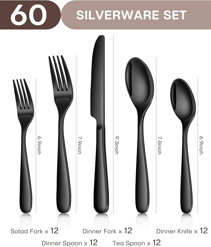 Black Silverware Set for 12, Ollex 60-Piece Black Flatware Set Include Forks Spoons and Knives Stainless Steel Eating Utensils Sets Mirror Finish Tableware Kitchen Cutlery Sets, Dishwasher Safe