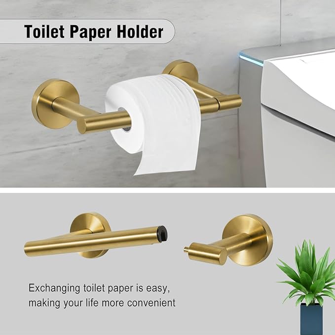 5-Piece Towel Racks for Bathroom, Stainless Steel Bathroom Accessories Set, Bathroom Towel Holder Wall Mounted, Sturdy Bath Towel Bar Set Bathroom Hardware Set (Brushed Gold, 2 Pillar Paper Holder)