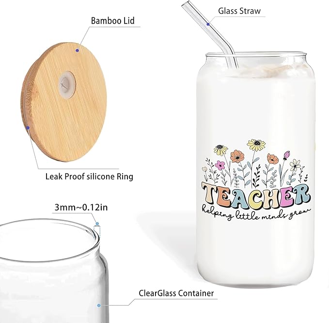 Floral Teacher Glass Cup Lids and Straws 14oz, Kindergarten Teacher Gifts for Women, Teachers Appreciation Gifts Glass Iced Coffee Tumbler Drinking Jars with Cleaning Brush