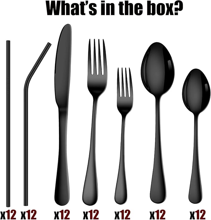 84 Pieces Black Silverware Set Service for 12 Flatware Set with Straws Stainless Steel Utensils Cutlery Set Dishwasher Safe