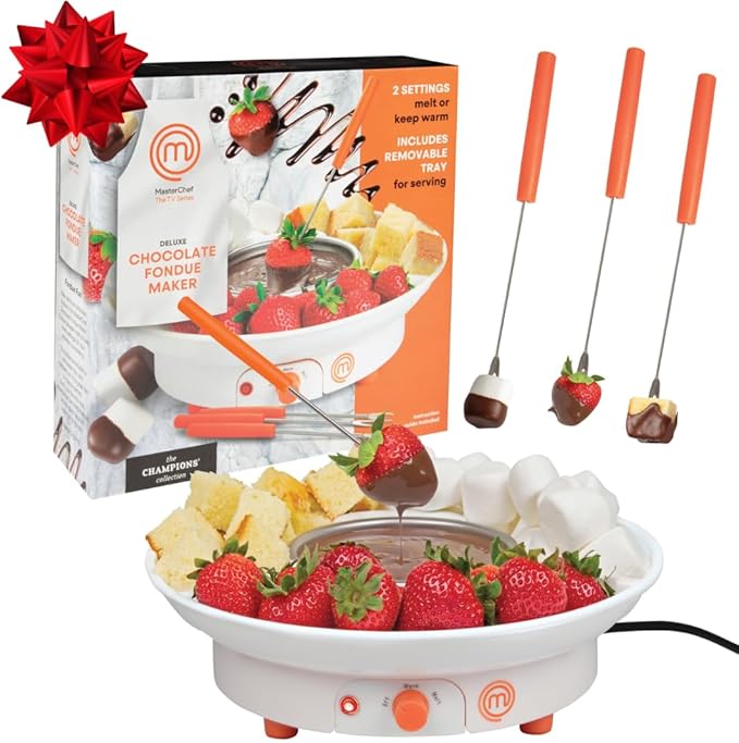 MasterChef Chocolate Fondue Maker- Xmas Party Must Have- Electric Dessert Fondue Pot Set w 4 Forks & Party Serving Tray- Melt, Warm Settings for Caramel, Cheese- Holiday Charcuterie Appetizers or Gift