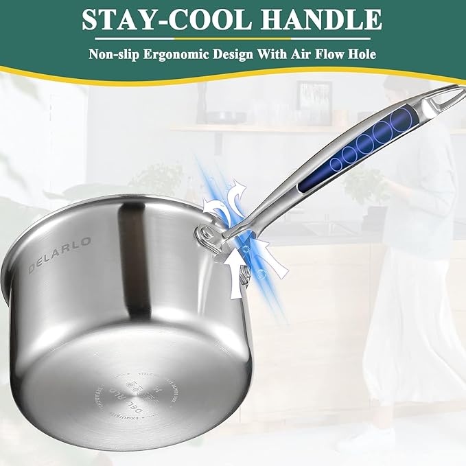 DELARLO Kitchen Pot Set, Tri-Ply Stainless Steel Saucepan Set, 1.0QT 2QT 3.5QT, Cooking Set, Fast Even Heat, Saucepan set Compatible with all Cooktops 600℉(Lids 300℉)3.5QT Pot with a Steamer