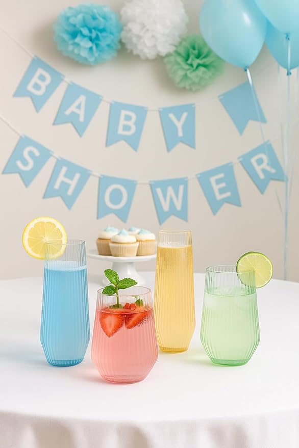 48 Pack Ribbed Origami Ripple Plastic Glasses 24 9oz Stemless Champagne Flutes & 24 12oz Cups BPA-Free, Disposable, Shatterproof Drinkware for Weddings, Bars, Events (Color Collection Ribbed)