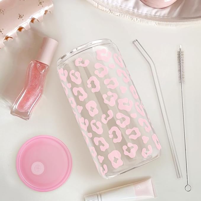 SANDJEST Leopard Glass Bottle, Pink Leopard Print Glass Cup with Lid & Straw, Iced Coffee Aesthetic Glass Can, Gifts for Women, Christmas Birthday Mother's Day