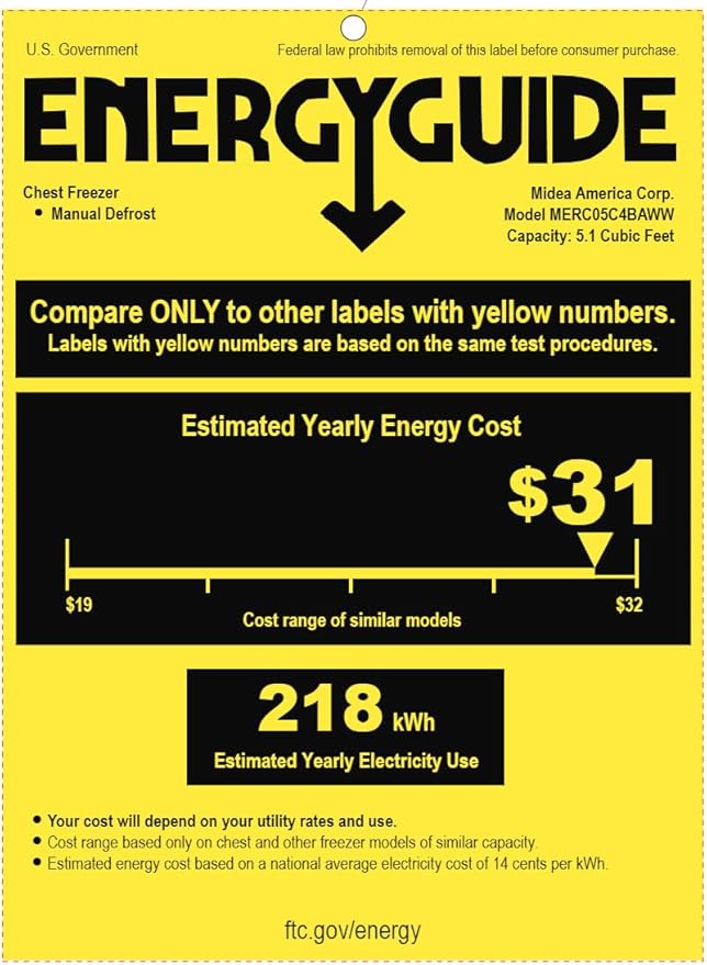 Midea MERC05C4BAWW Chest Freezer, 5.1 Cubic Feet Freezer With Removable Basket, Interior LED Light, Adjustable Temperature, For Kitchen Apartment Office, White