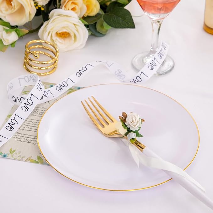 I00000 144 Plastic Forks, Disposable Flatware with White Handle, Look Like Gold Cutlery for Party Wedding