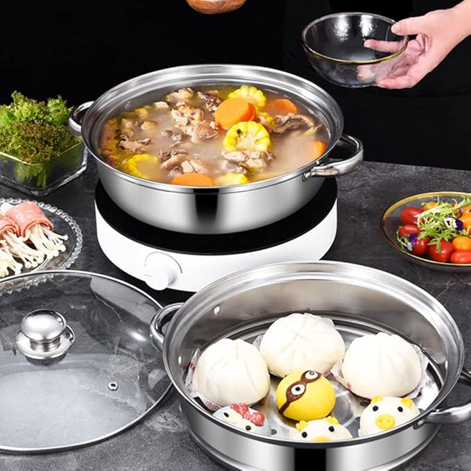 Steamer Pot for Cooking 11 inch Steamer Pot, 2-tier Multipurpose 18/8 Stainless Steel Steam Pot Cookware with Lid for Vegetable, Dumpling, Stock, Sauce, Food