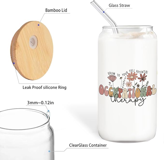 Occupational Therapist Gifts Glass Cup with Lids and Straws 14oz, OT Occupational Therapy Gifts Glass Coffee Tumbler Drinking Jars with Cleaning Brush