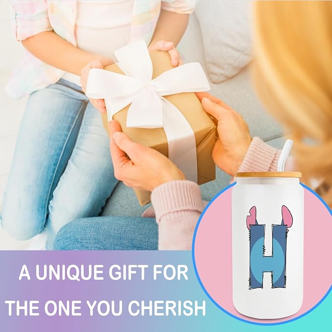 Cute Cartoon Lover Gifts Initial A-Z Personalized Iced Coffee Cup Cartoon Merch 16oz Glass Cup with Lid and Straws Birthday Christmas Gifts for Women Teen Girls Fans (Letter H)