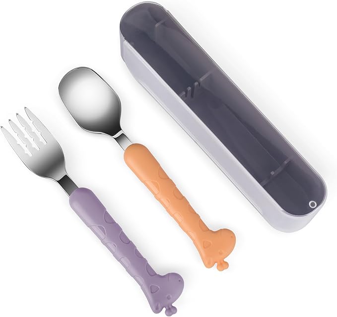 Stainless Steel Travel Kid Cutlery Set with Portable Case, Safe Toddler Spoon and Fork Set for Self-Feeding, Ideal Toddler Utensil Set for School Lunch, Travel, & Outdoors, Dishwasher Safe (Purple)