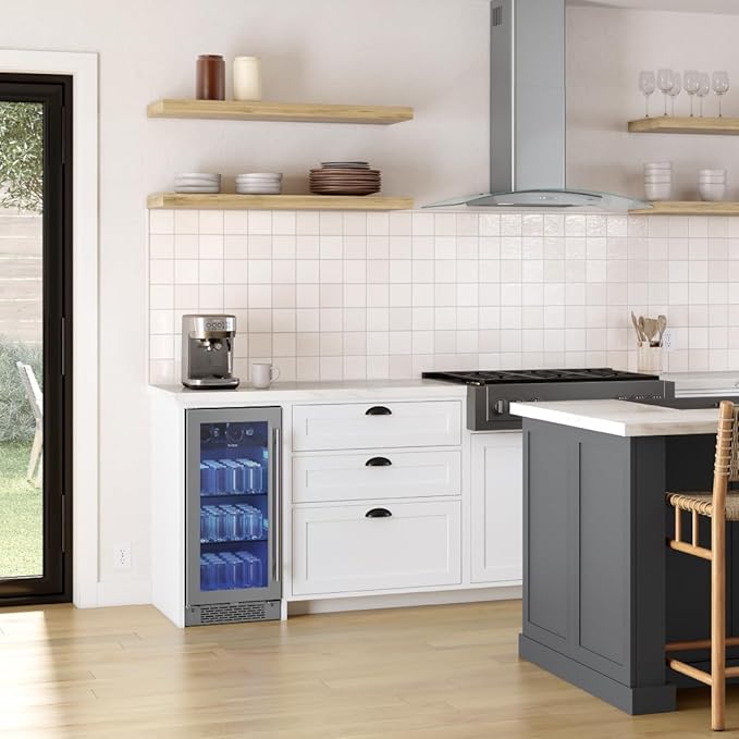 Zephyr Brisas 15 Inch Slim Beverage Fridge Single Zone Under Counter - Narrow Mini Wine & Drink Cooler Small Cabinet Wine Refrigerator Home Bar Freestanding with Glass Door - 4 Bottles, 64 Cans