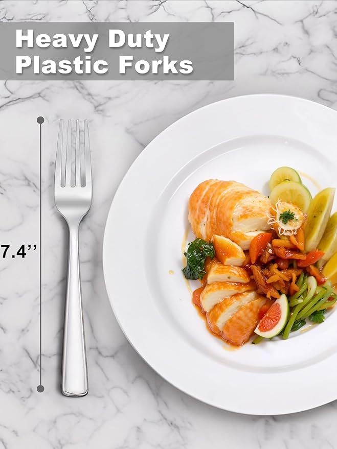 WDF 300PCS Silver Plastic Forks - Heavy Duty Plastic Forks Disposable - Sturdy&Durable Plastic Silverware Bulk for Wedding/Christmas Party/Daily Using