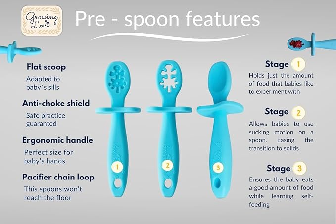 Growing Love Baby Spoons Set, Self Feeding 6 months, Pre-Spoon, Toddler spoon, Baby utensils, training spoon, cuchara bebe, blw, 100% silicone, Anti choke shield